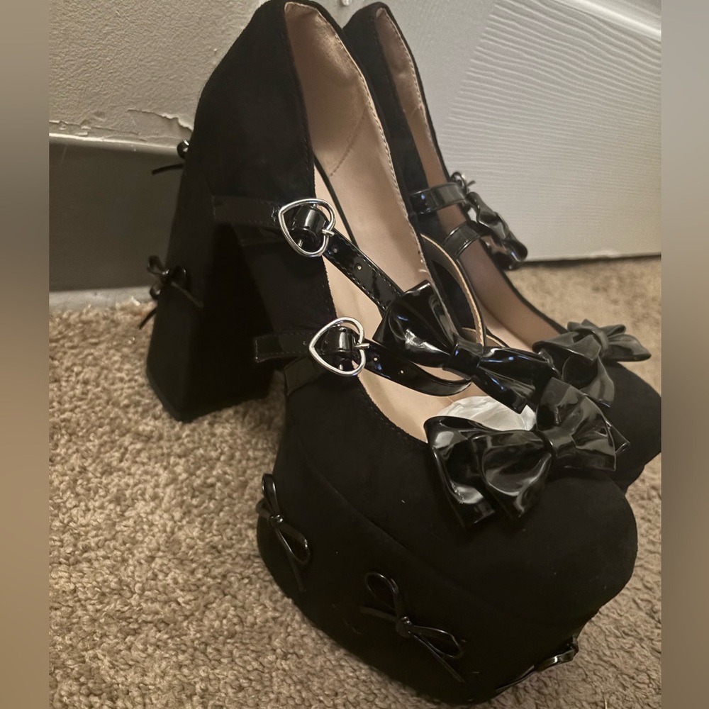Dolls Kill Black Platform Shoes with Bow Accents - Picture 3 of 5